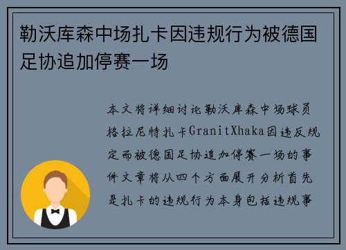 勒沃库森中场扎卡因违规行为被德国足协追加停赛一场