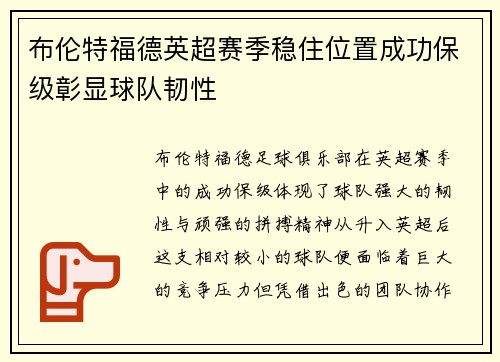 布伦特福德英超赛季稳住位置成功保级彰显球队韧性